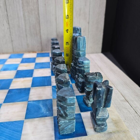 Vtg Aqua Blue White Marble Chess Board Carved Pieces Complete Set 13.5" x 13.5" - Picture 14 of 15